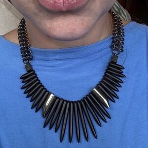 Biko Black Silver Statement Necklace Black Spiked Bib Chain  Gothcore Steampunk
